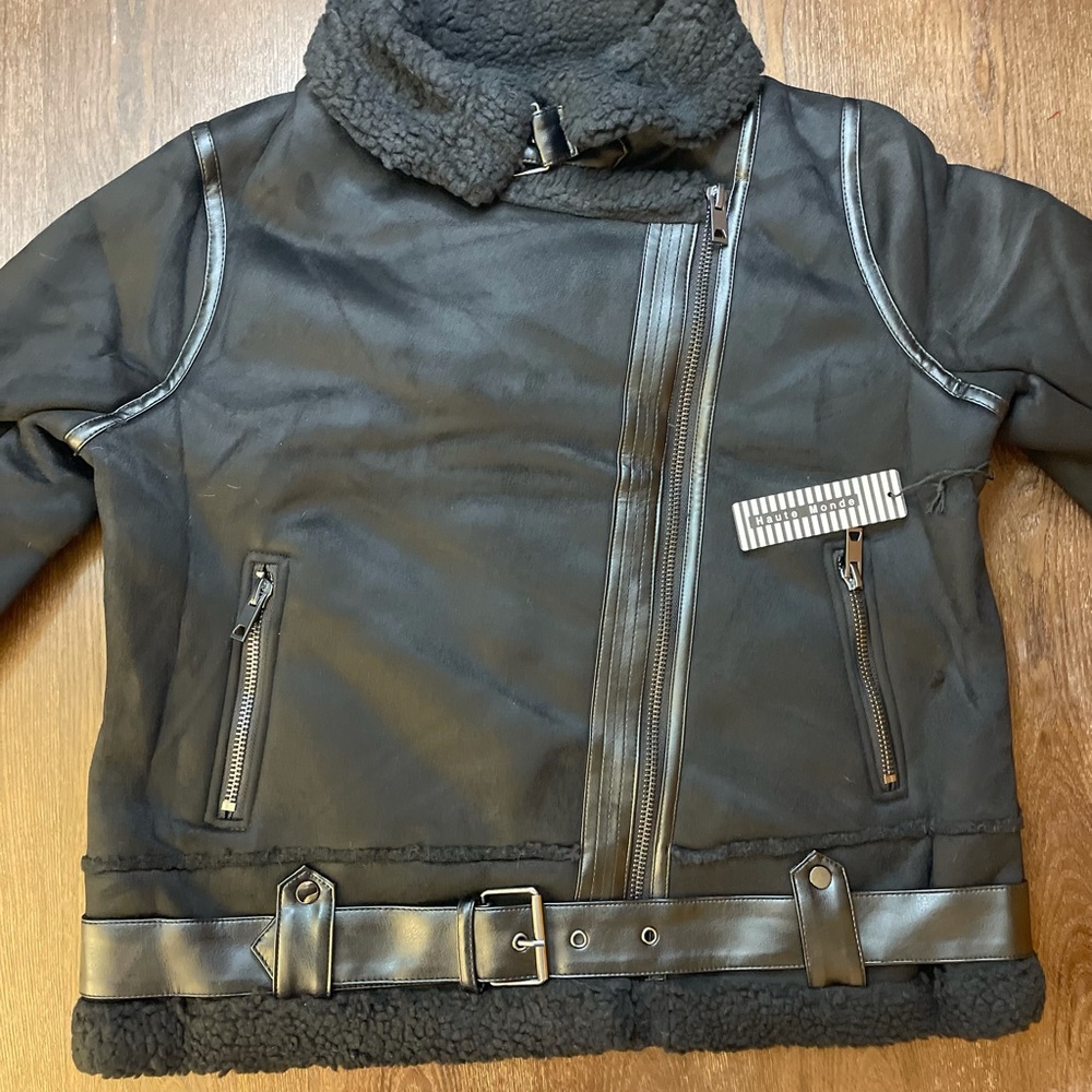 BLACK FAUX FUR SUEDE MOTO JACKET BIKER COAT - Picture 9 of 15